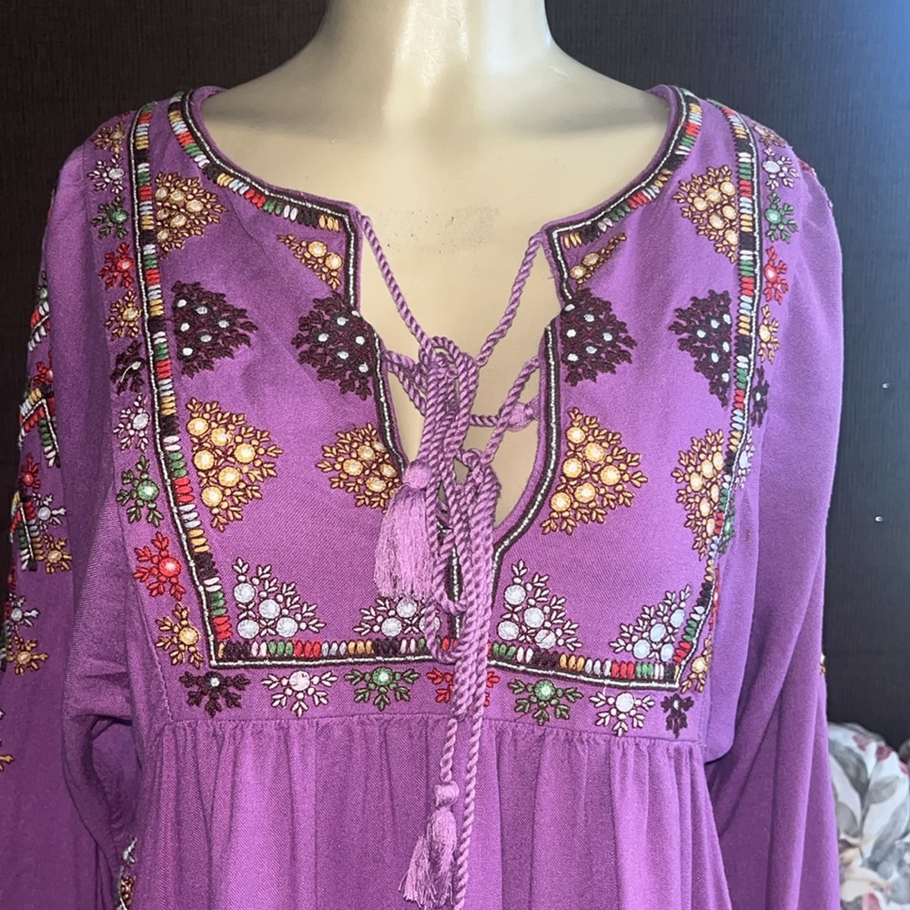 FREE PEOPLE Purple Linen Multicolored Embroidered Tunic Mini Dress Size XS - Picture 6 of 12